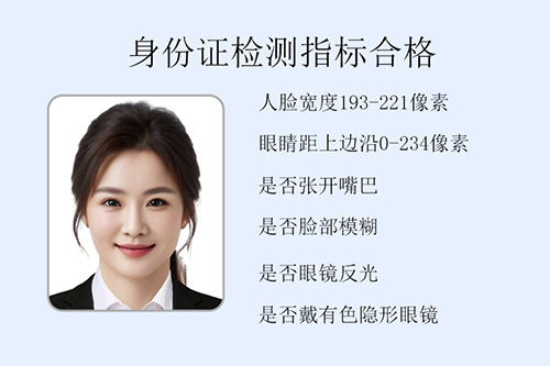 身份證件照，身份證件照標準要求：人像水平，人臉寬度165-189像素，人臉長度224-260像素，頭頂與上邊距離10-30像素